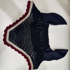 Handmade Crochet Horse Ear Bonnet in Navy and Burgundy